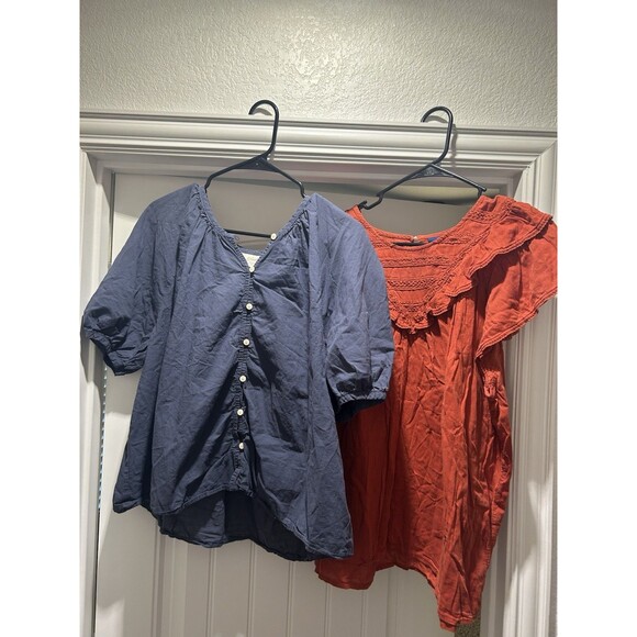 Lot Of 2 Women Top XL Blouse Peasant Boho Prairie Bohemian Hippy Boxy Blue Rust - Picture 1 of 13
